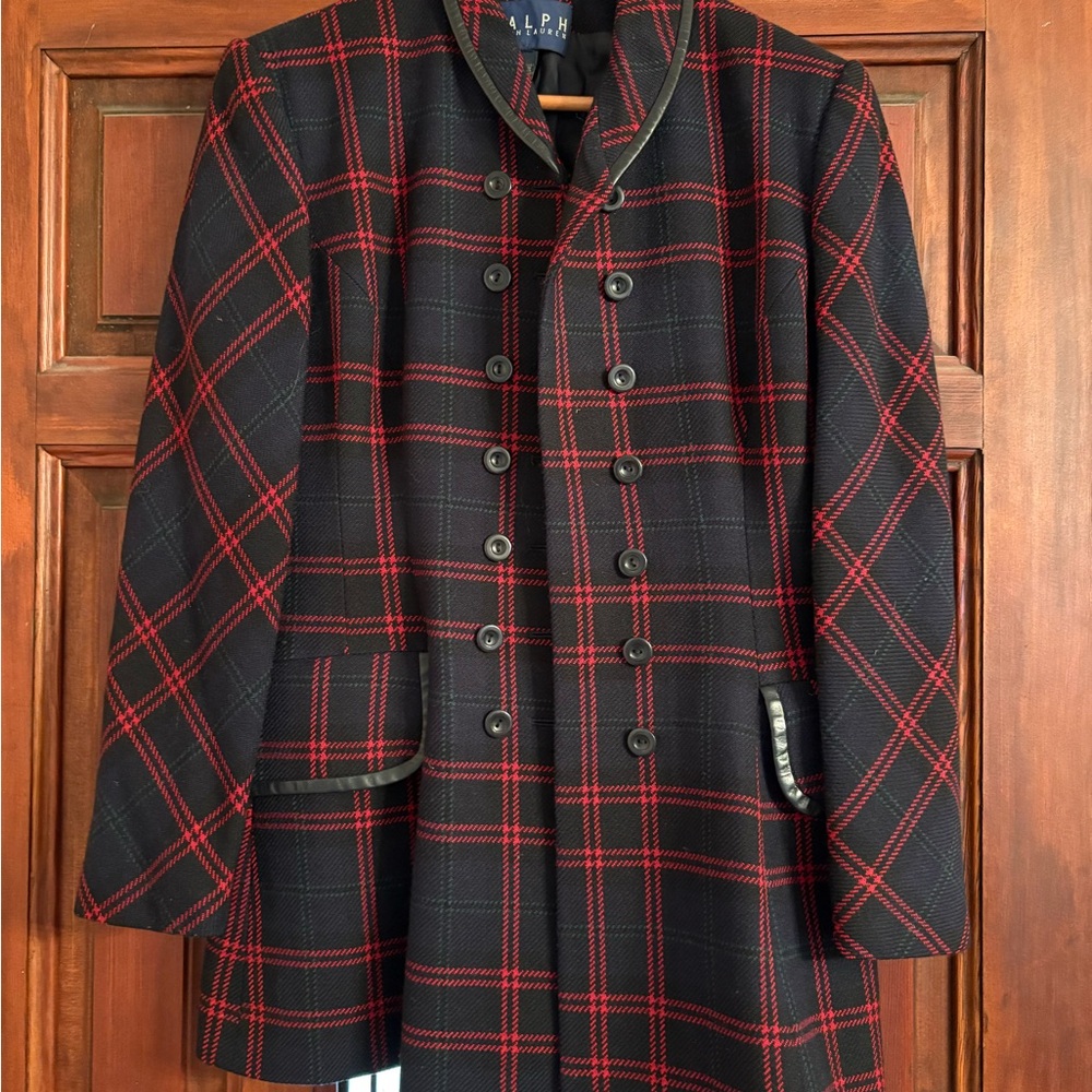 Ralph Lauren Black and Red Checkered Jacket wool with leather trim